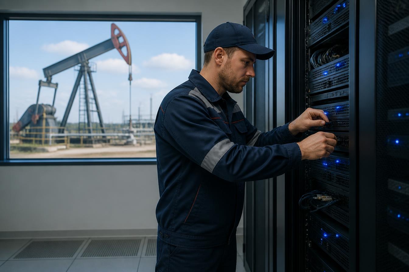 Technician working on server racks with an oil pumpjack visible through the window
