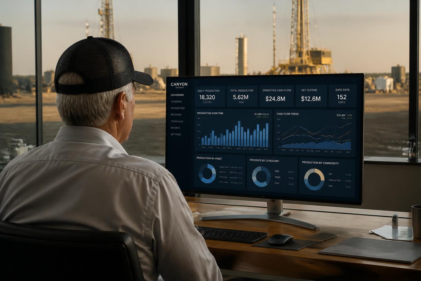 Executive reviewing real-time operational dashboards on a large monitor with an industrial site visible through the window