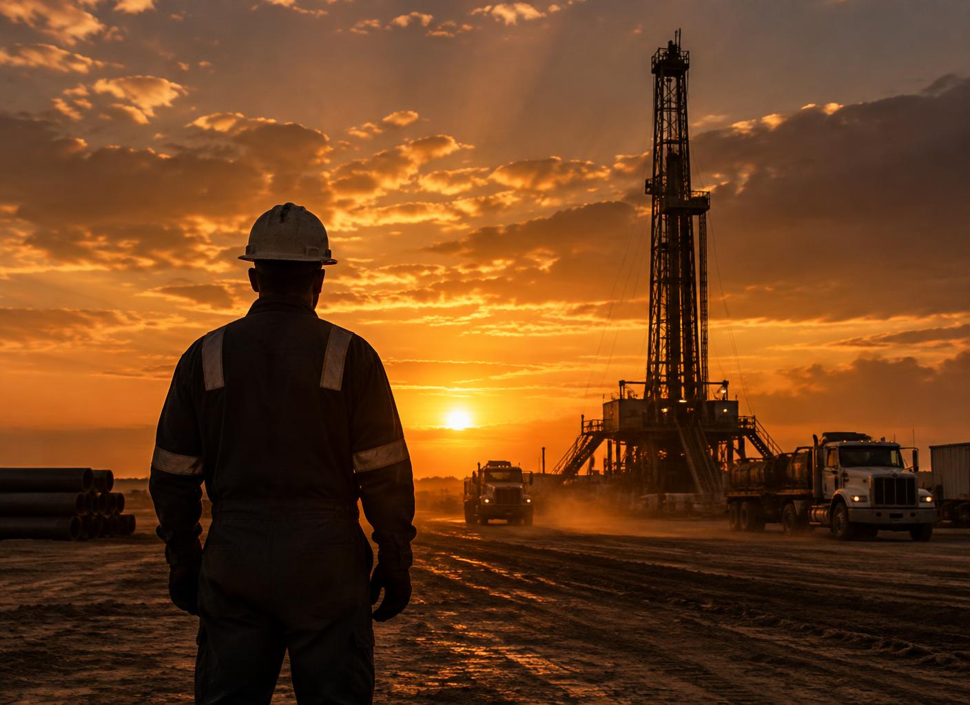 Field worker at an energy site silhouetted against a golden sunset