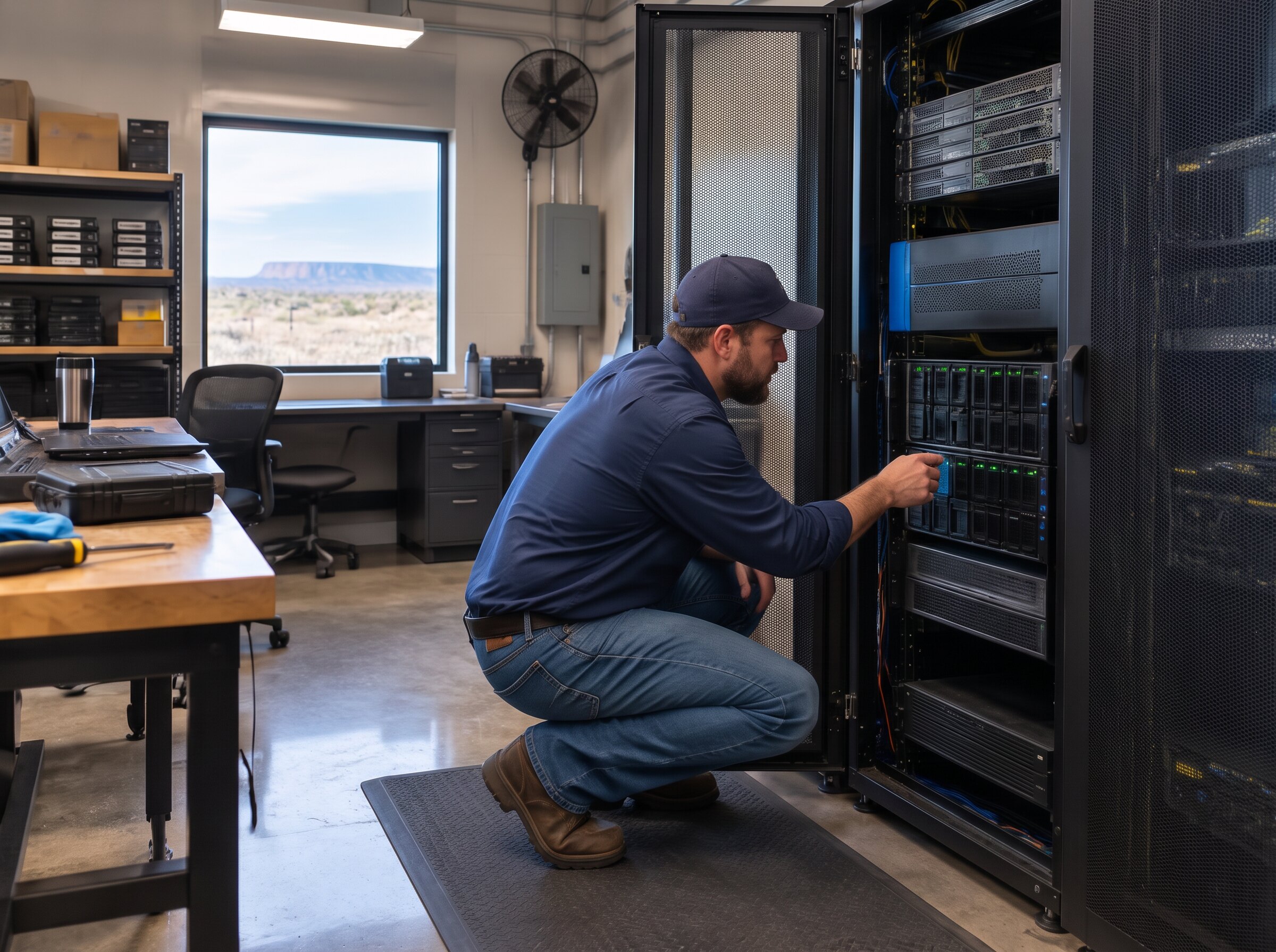 Technician checking backup infrastructure in a server room