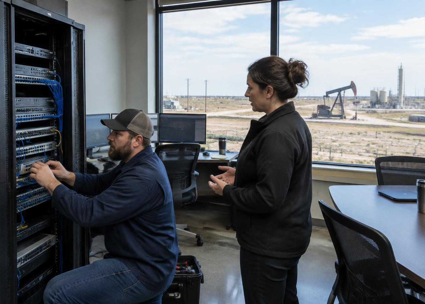 IT technician installing equipment in an industrial operations office