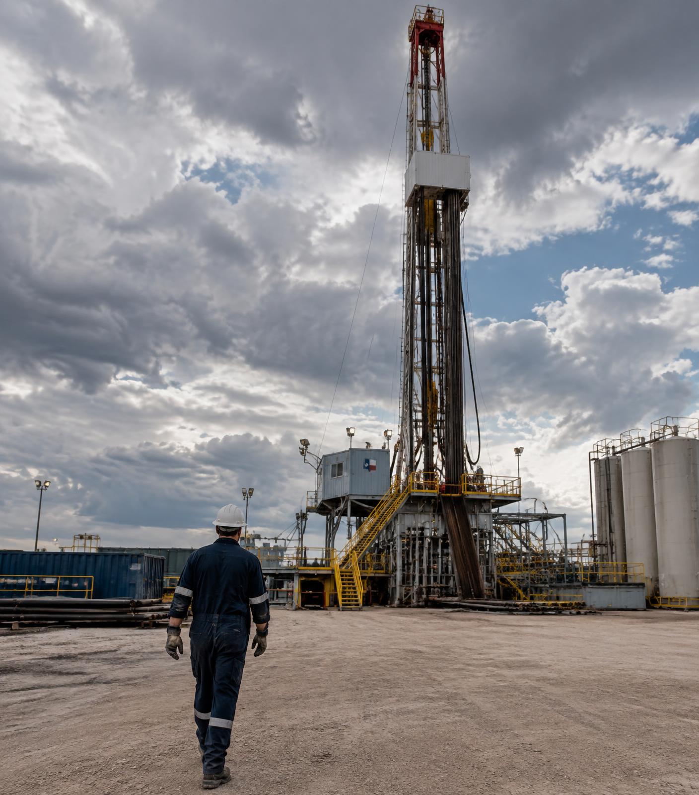 Field worker in coveralls and hard hat walking toward a drilling rig