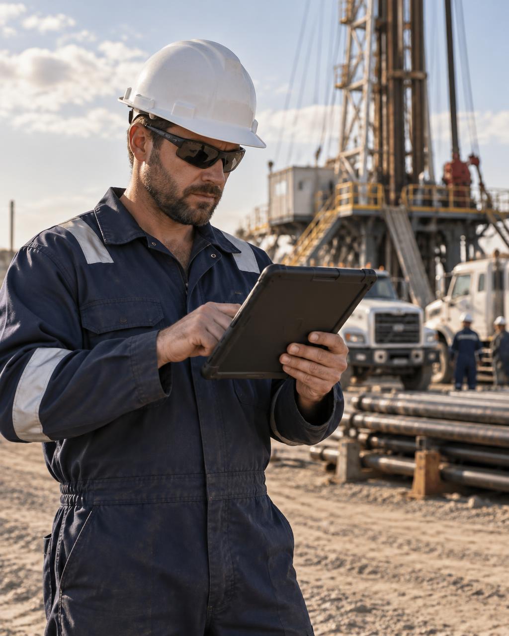 Field worker in a hard hat using a rugged tablet at an industrial site
